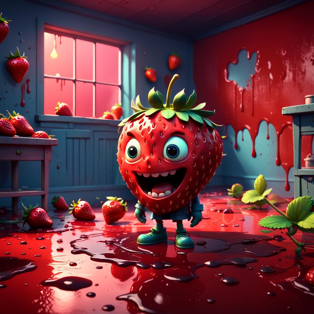 Strawberry Character in Dark Scene: 3D Digital Art