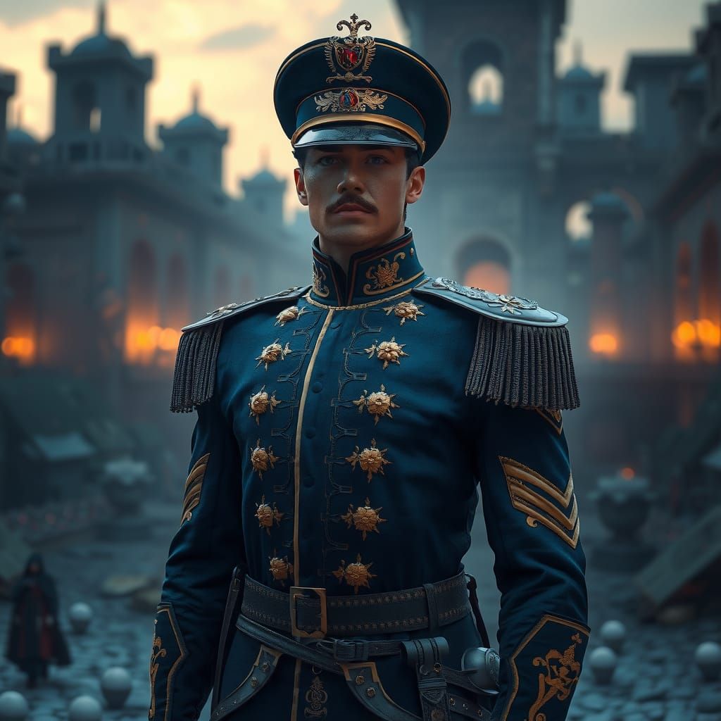 Soldier in Baroque Uniform Amidst Ancient Ruins