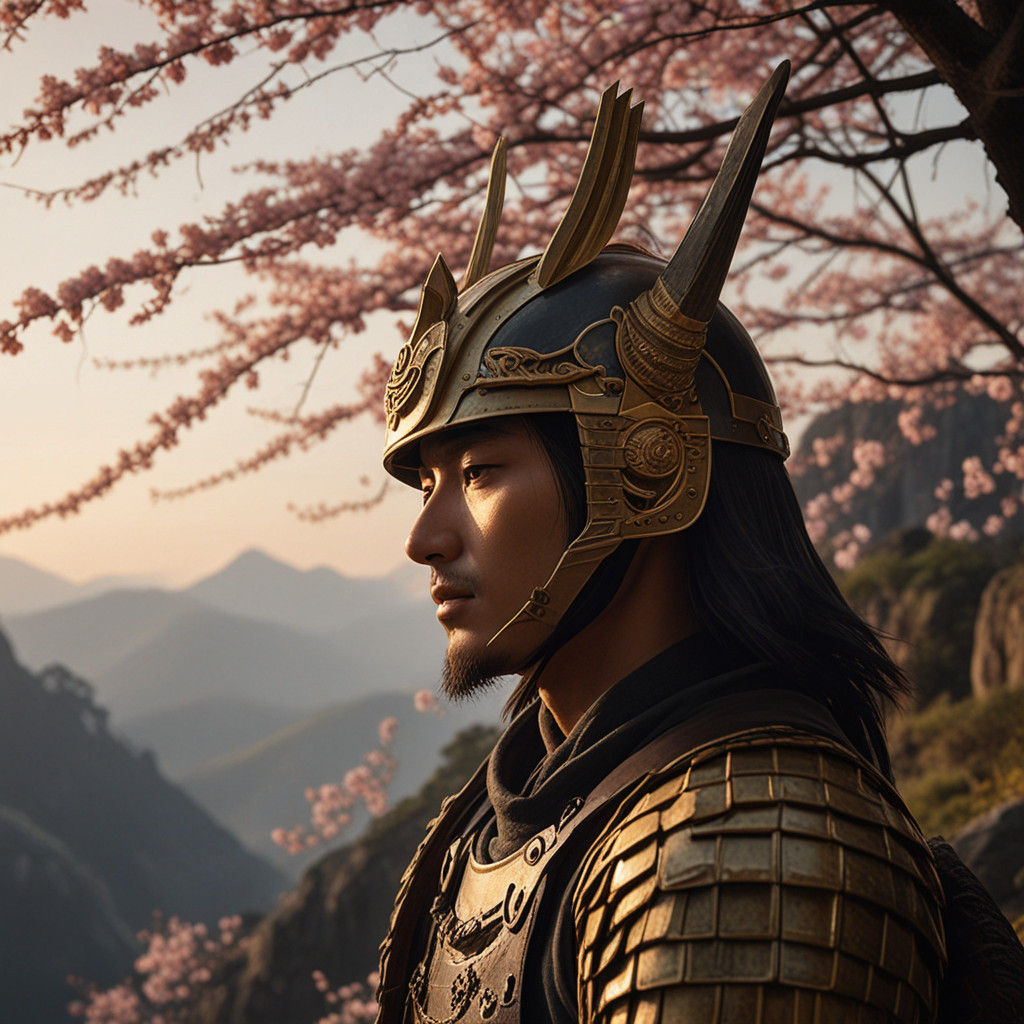 Samurai on Rocky Cliff, Golden Hour Serenity