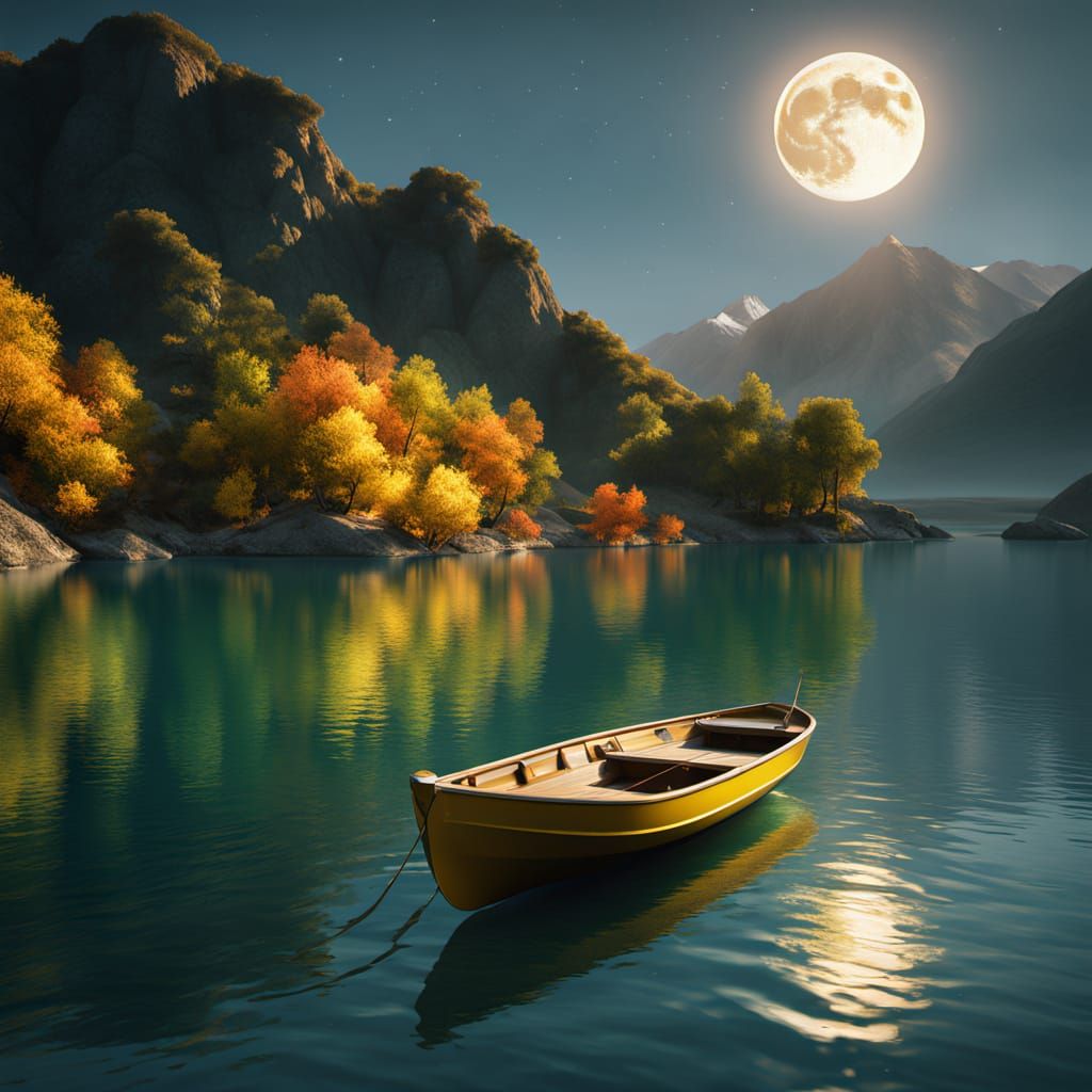 Majestic Moonlit Inlet with Golden Boat