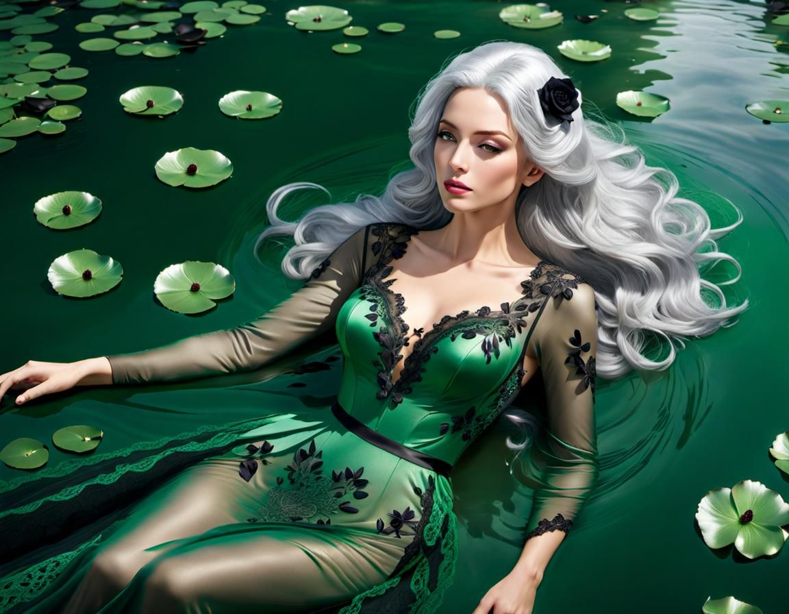 Woman in Green Lace Gown in Lake with Roses