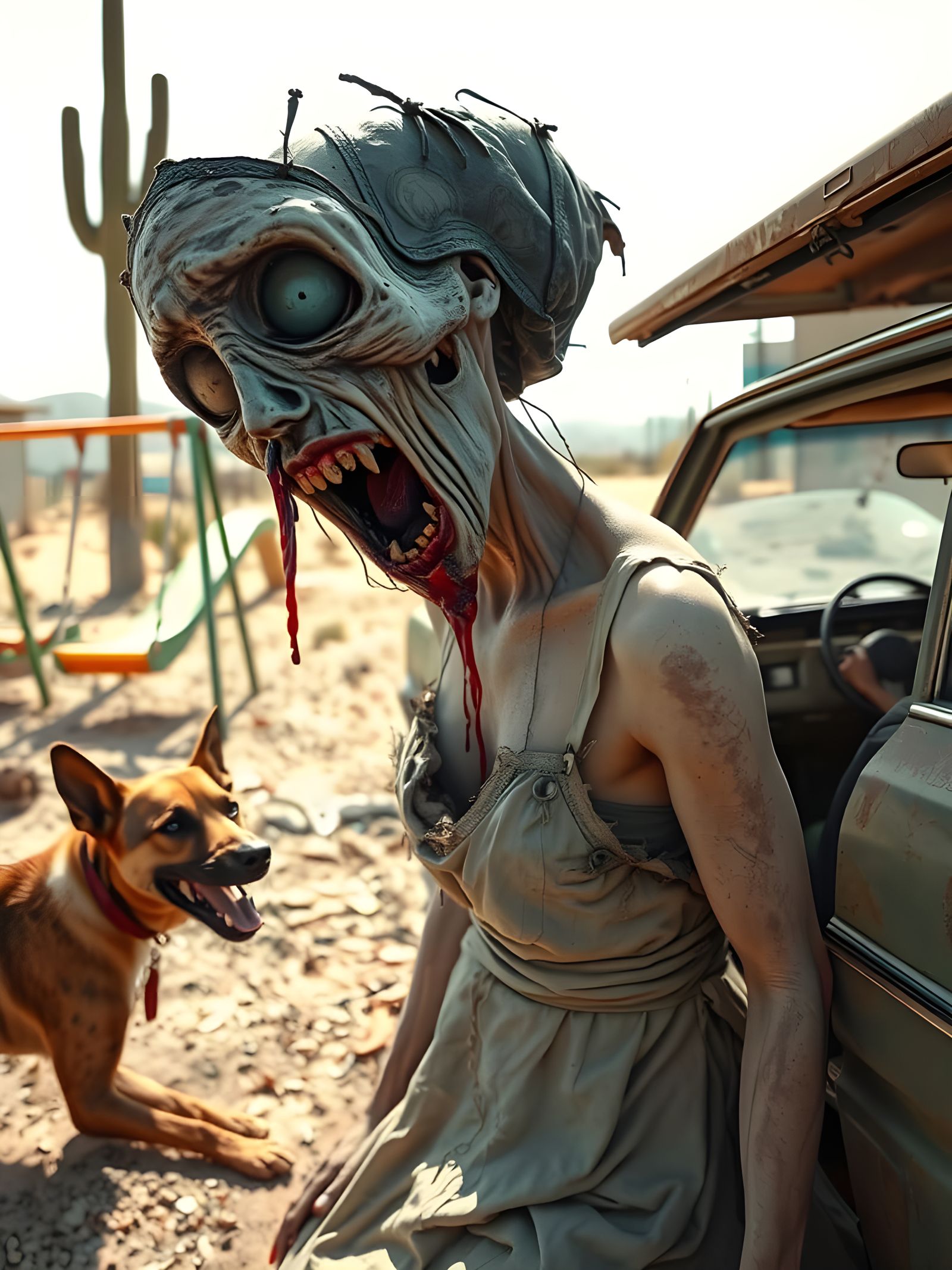 Screaming Zombie Woman Portrait in Desert Playground