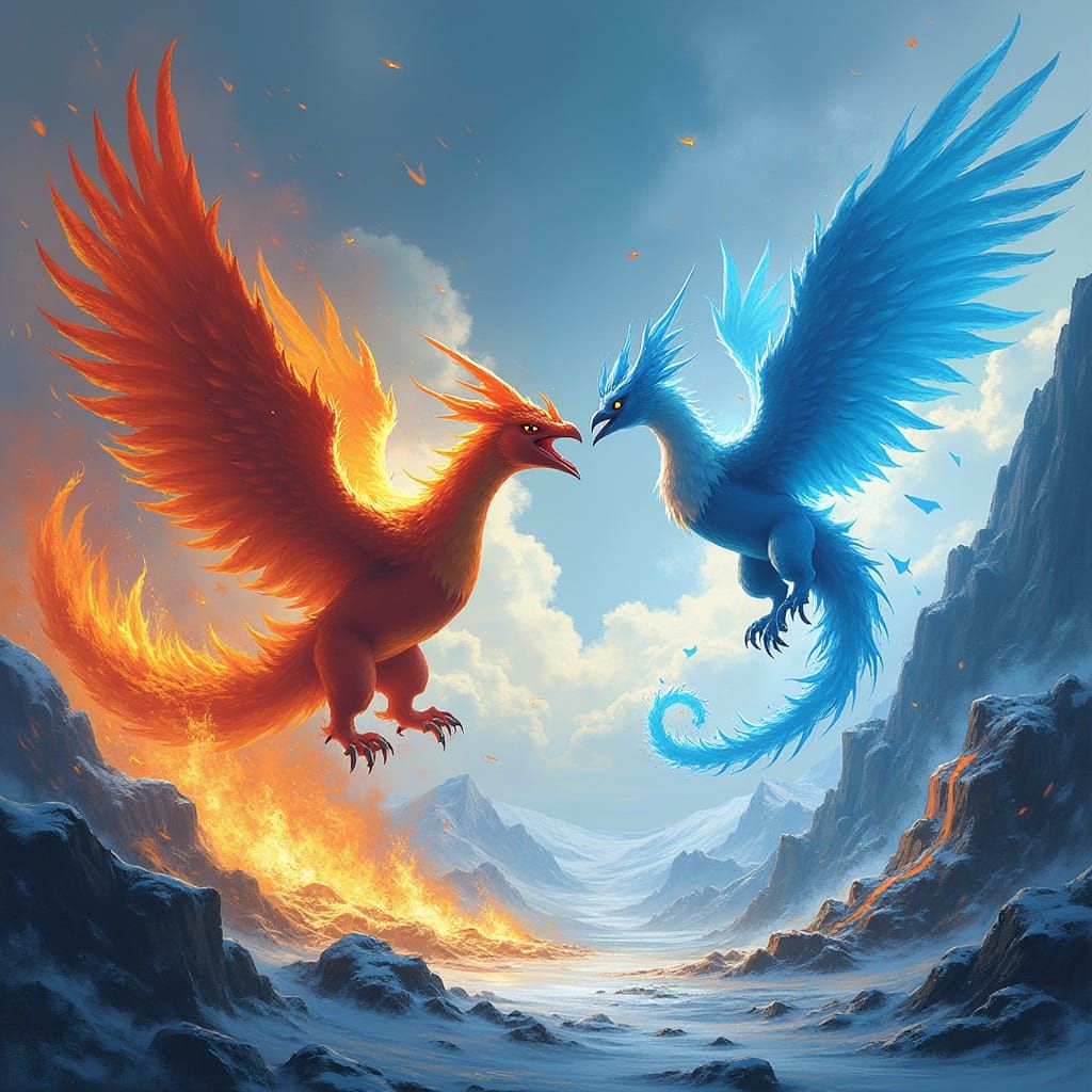 Majestic Fire and Ice Birds Engage in Legendary Clash