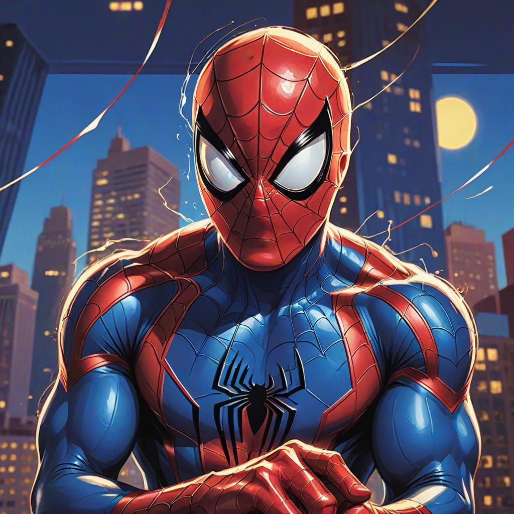 Spiderman Swinging: Gouache Painting in Comic Book Style