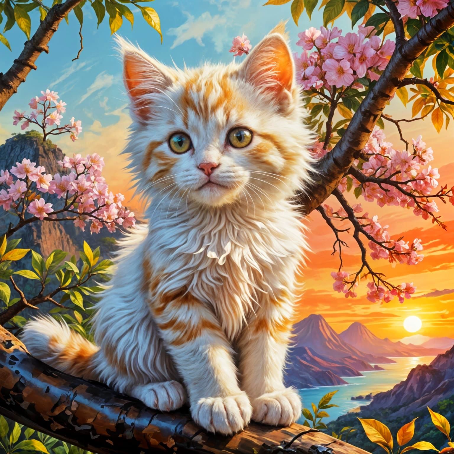 Cute Fluffy Kitten in Blooming Shower Tree