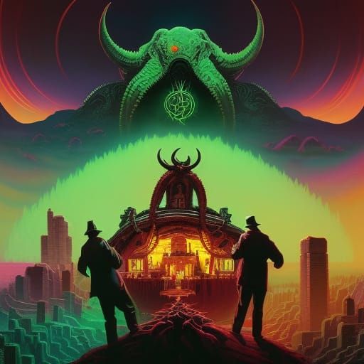 Devil and Cthulhu: Cyberpunk Bioluminescent Album Art
