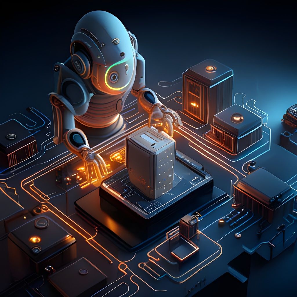Robot Crafts Miniature Computer in Digital Matte Painting