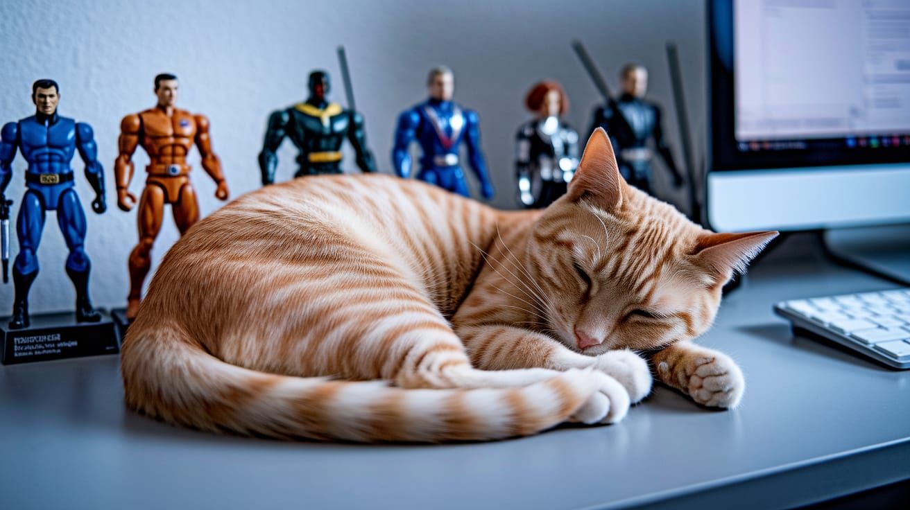 Cat Finds Solace Among Action Heroes