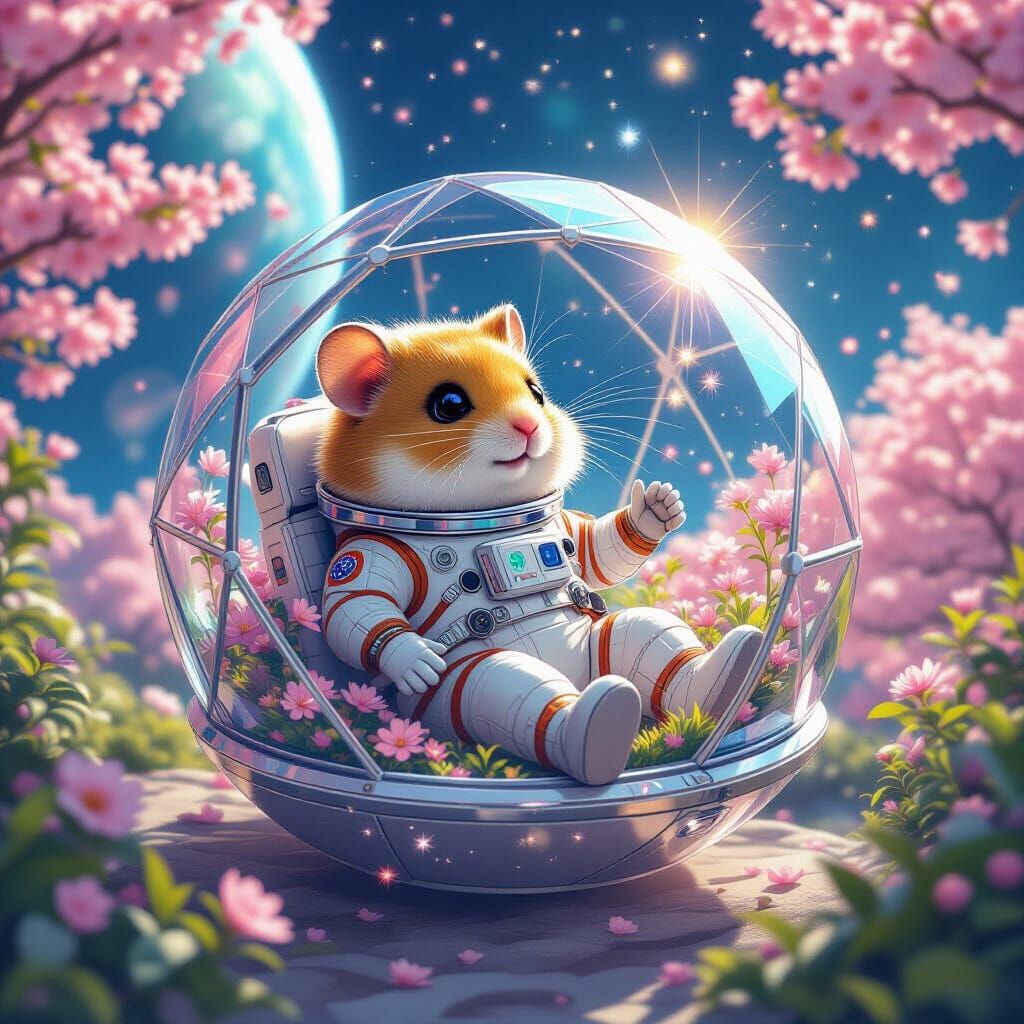 Hamster Astronaut in Crystal Dome Orbiting Alien Planet
