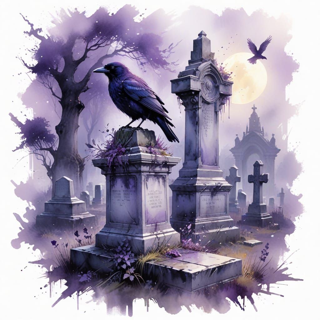 Mysterious Violet Raven in Foggy Victorian Cemetery