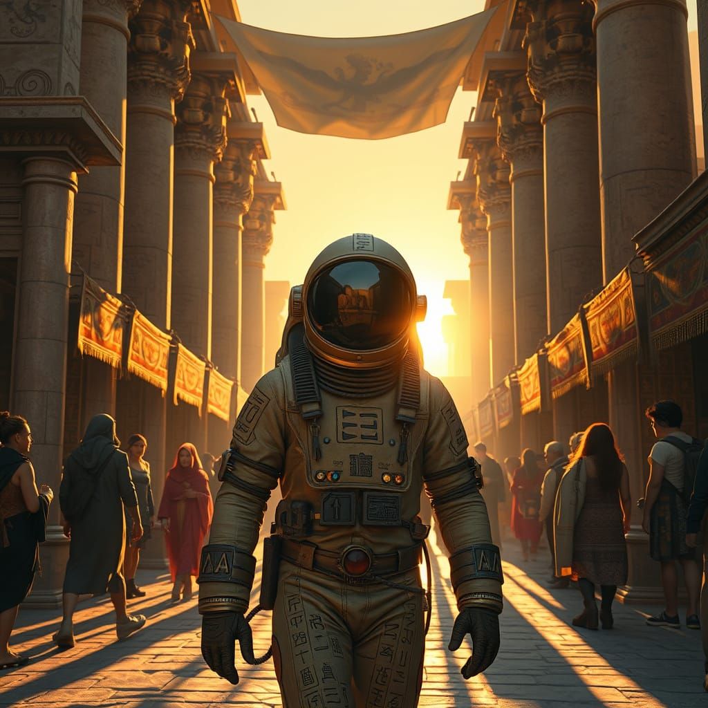 Ancient Space Explorer Walks Through Egyptian Marketplace