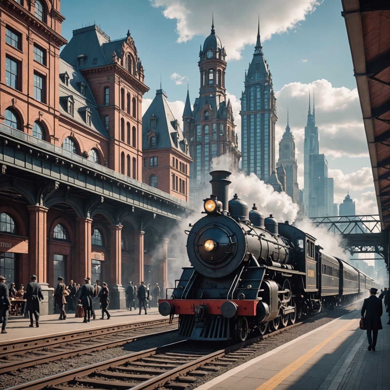 Steam Locomotive in Futuristic Metropolis