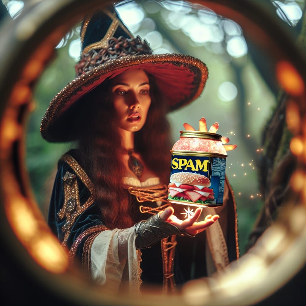 Medieval Sorceress with Spam in Magical Bottle