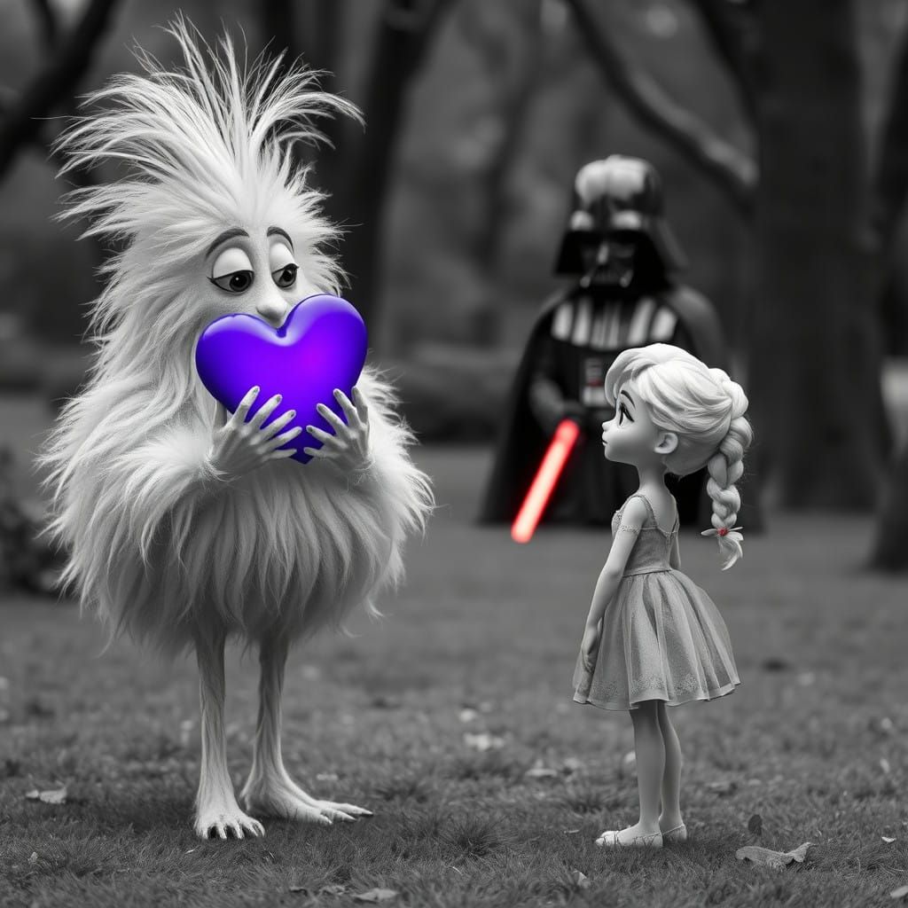 Whimsical Creature Reaches Out to Enigmatic Grayscale Girl i...