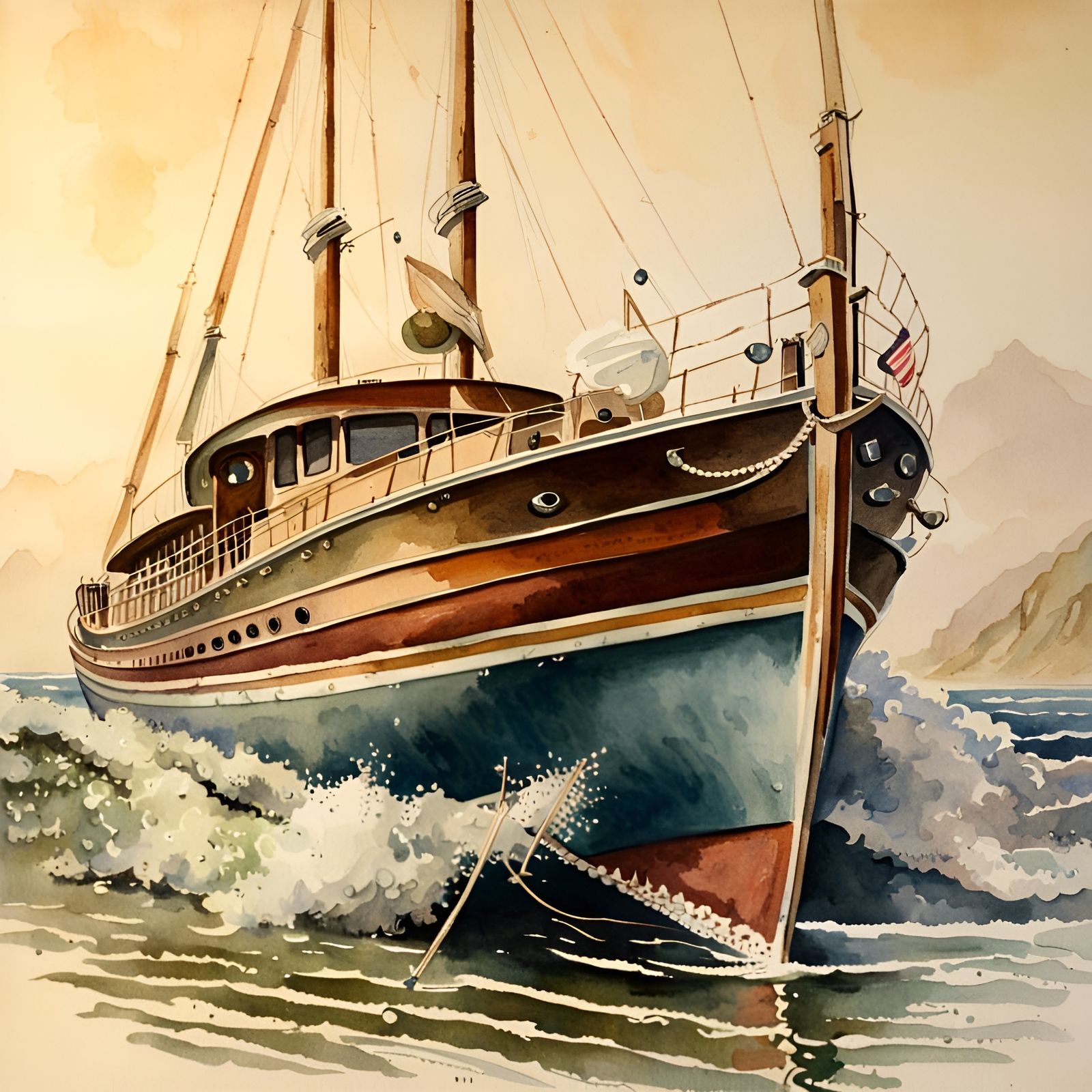 Antique Wooden Motor Yacht Watercolor Painting