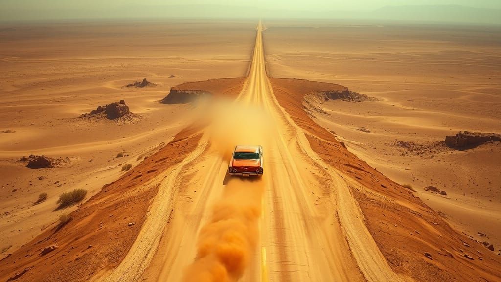 Sweeping Desert Road Panorama in Warm, Cinematic Style