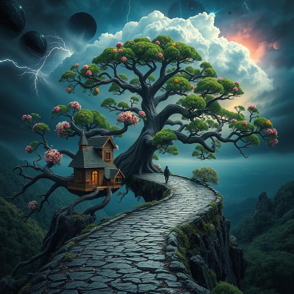 Surreal Cosmic Tree Dreamscape with Approaching Storm