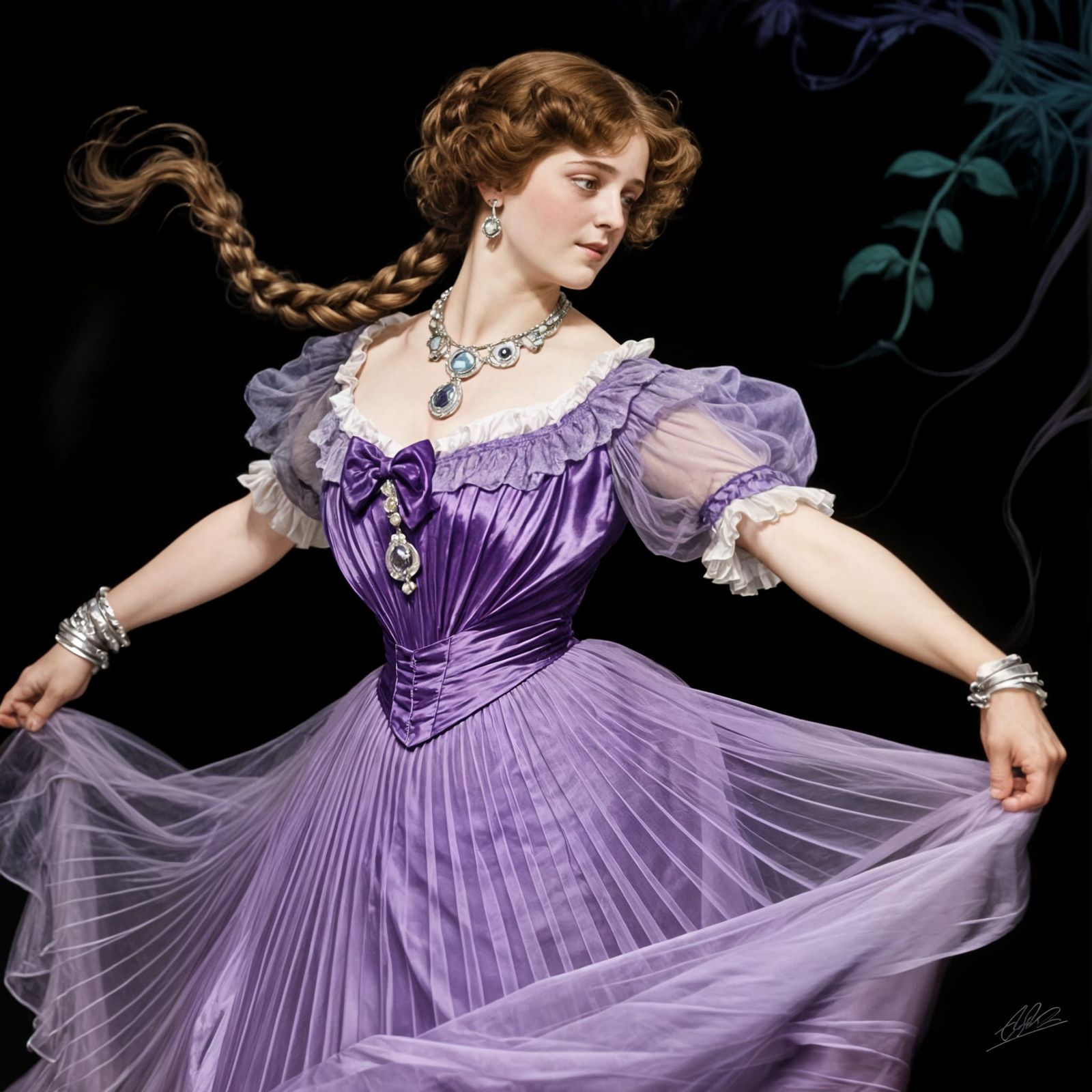 Edwardian Gibson Girl Dancing in Purple Victorian Dress