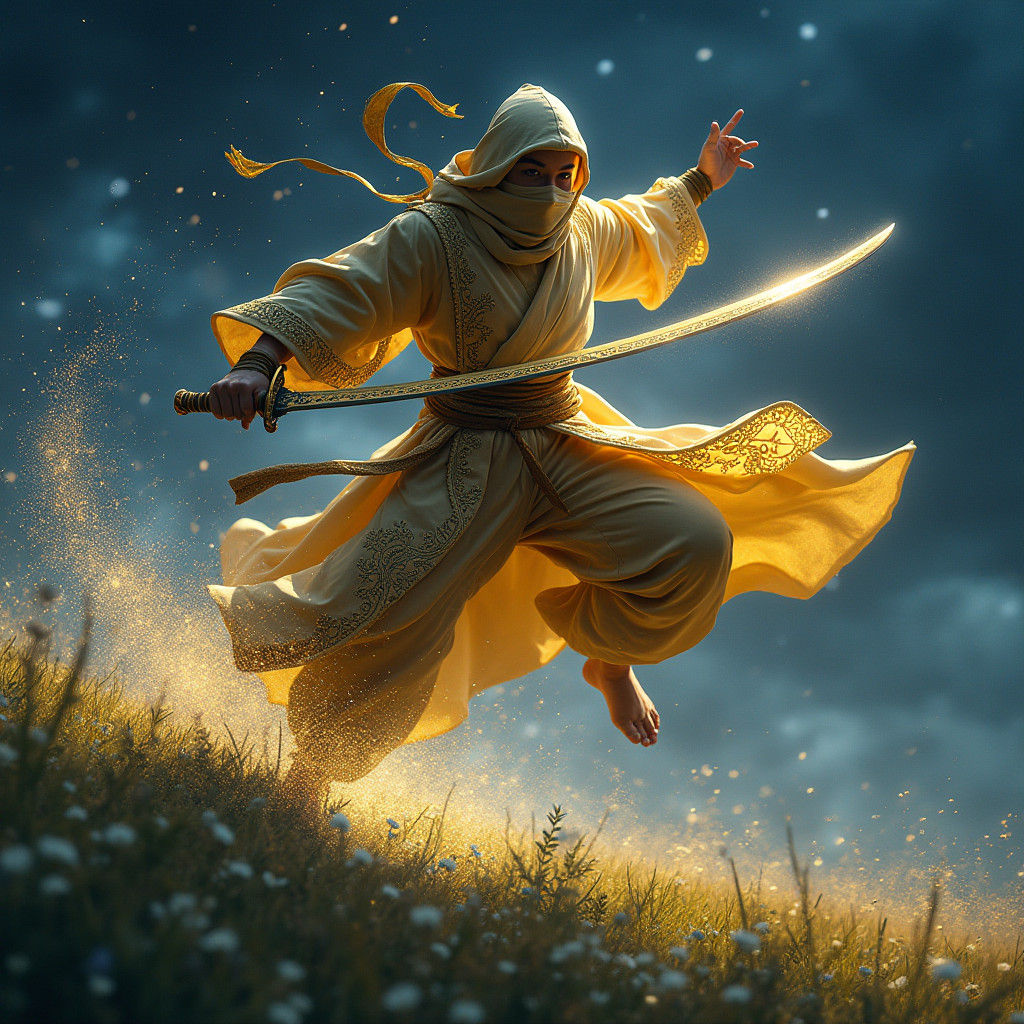 Golden Ninja Leaping in Starry Night, Hyperrealistic