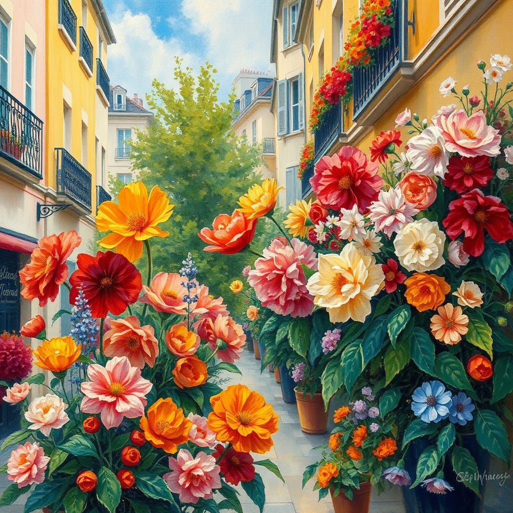 Parisian Streets Bursting with Florals as Impasto Painting