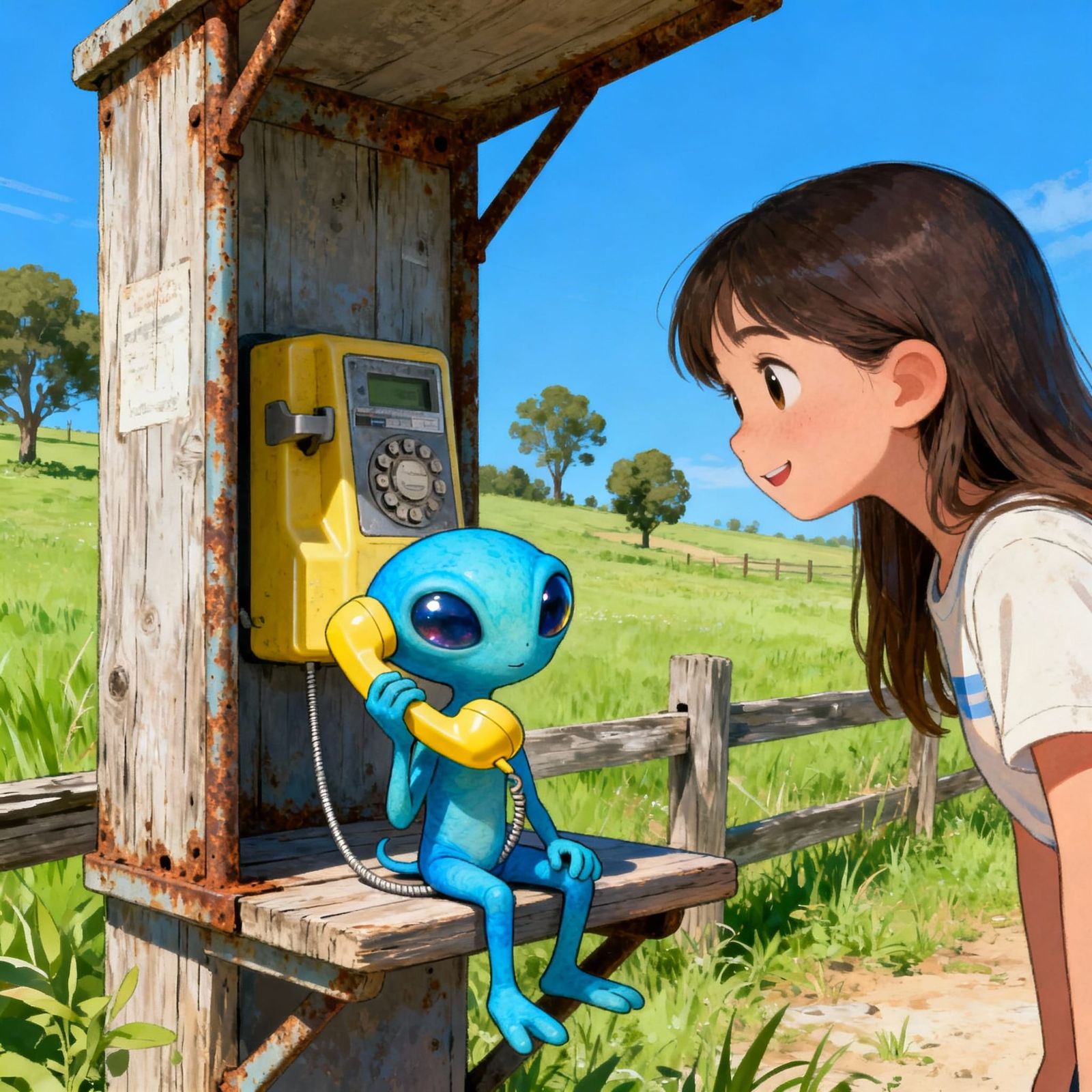 Blue Alien Calls Home from Rural Payphone