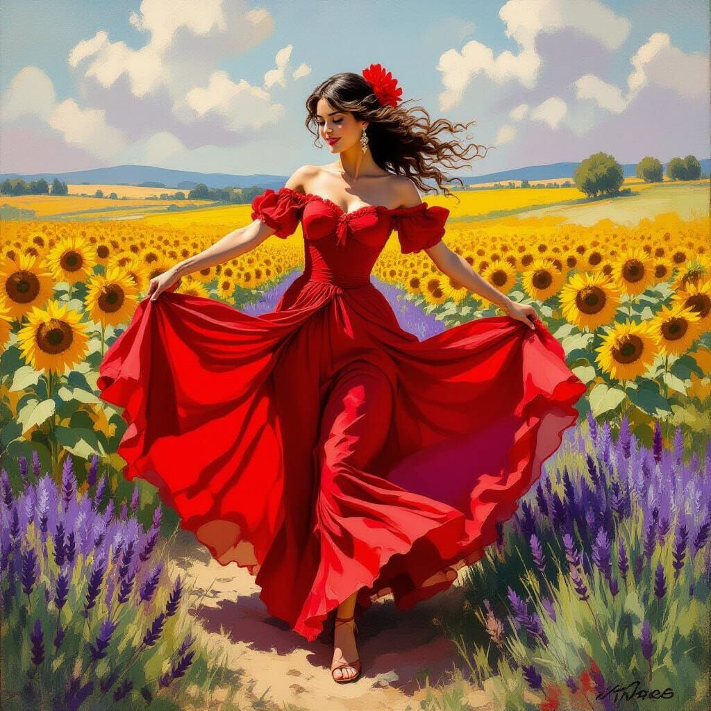 Spanish Dancer in Sunflowers, Impressionist Oil Painting