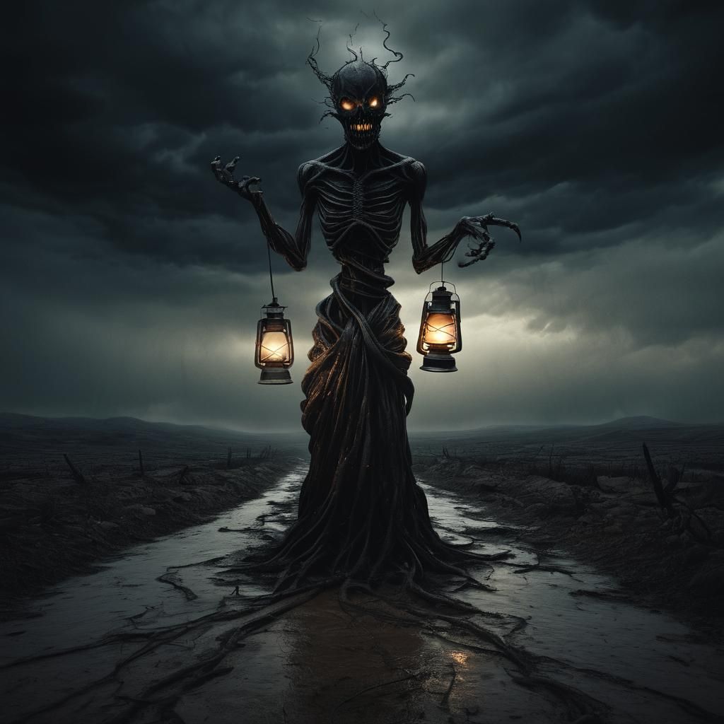 Dark Surrealism: Twisted Figure in Stormy Landscape