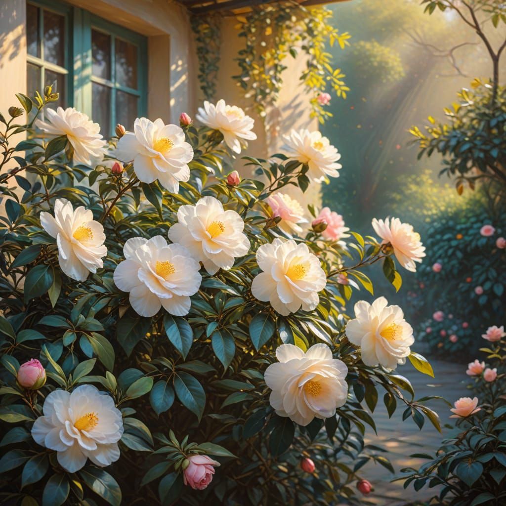 Impressionist Camellias in a Sunlit Garden