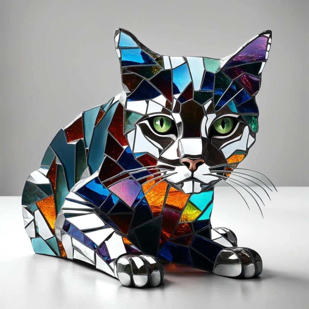 A cat formed from broken pieces of coloured shards of mirror...