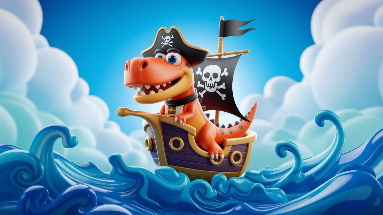 Friendly Pirate Tyrannosaur on Swirling Ocean in Doodle Art