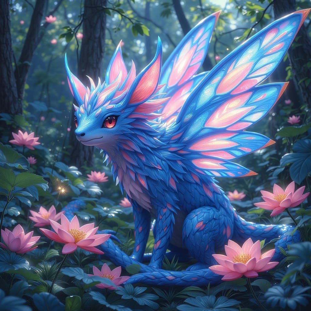Dreamy Lotus Fantasy Creature in Vibrant Garden