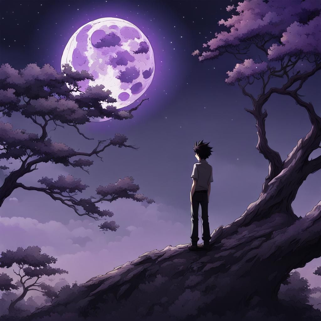 Boy on Tree Watching Moon in Anime Style