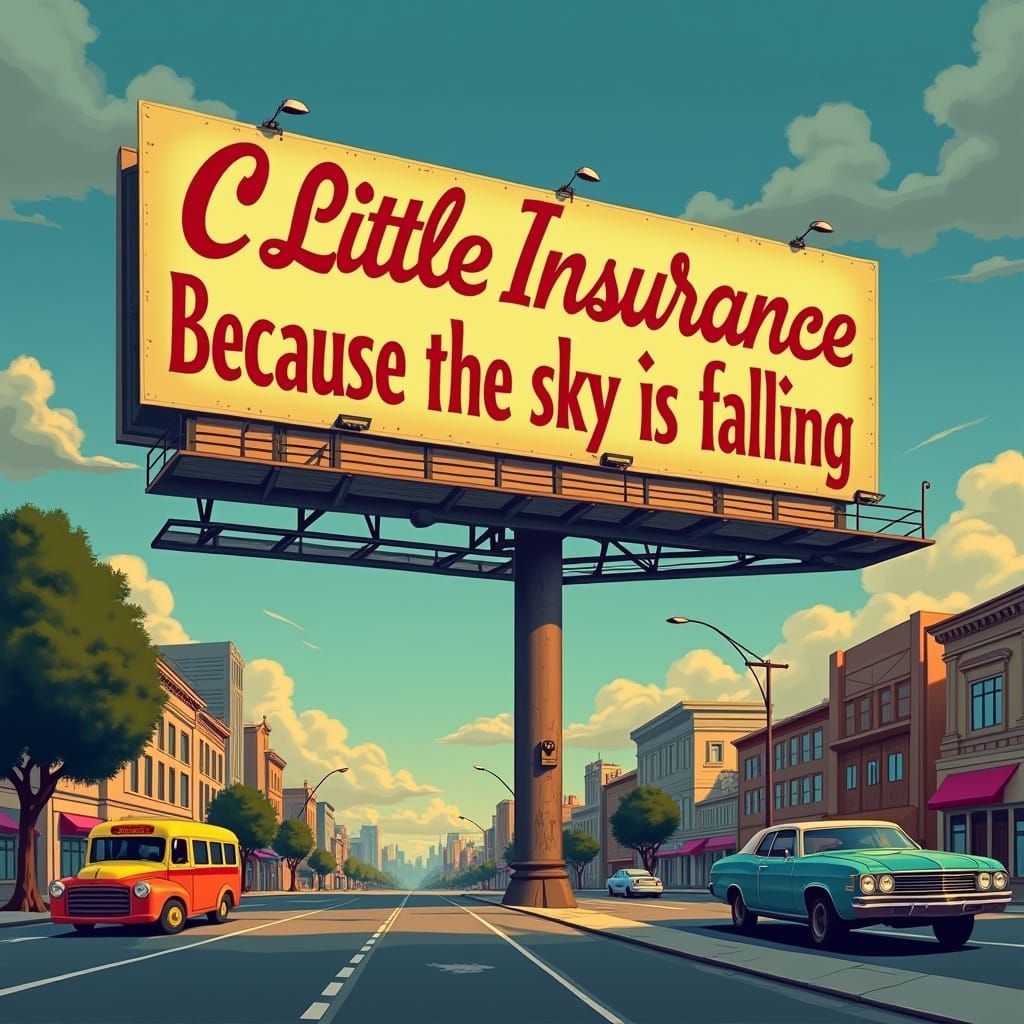 Whimsical City Billboard at Dusk with C Little Insurance