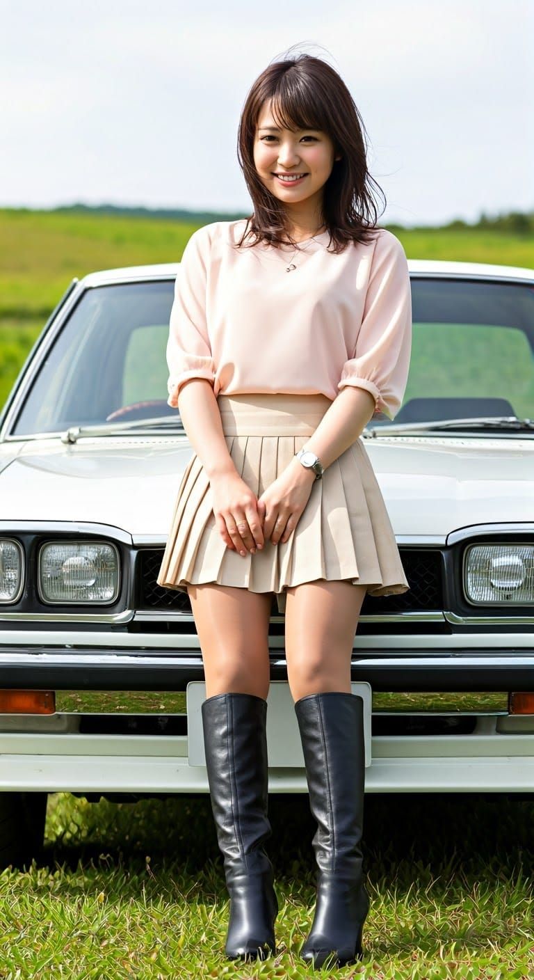 Japanese woman in casual spring wear and knee-high boots