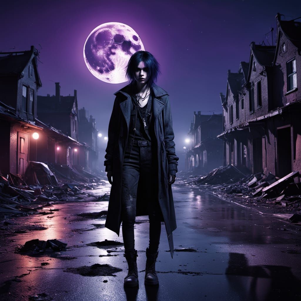 Gothic Punk Lady Walks Ruined Street Under Full Moon