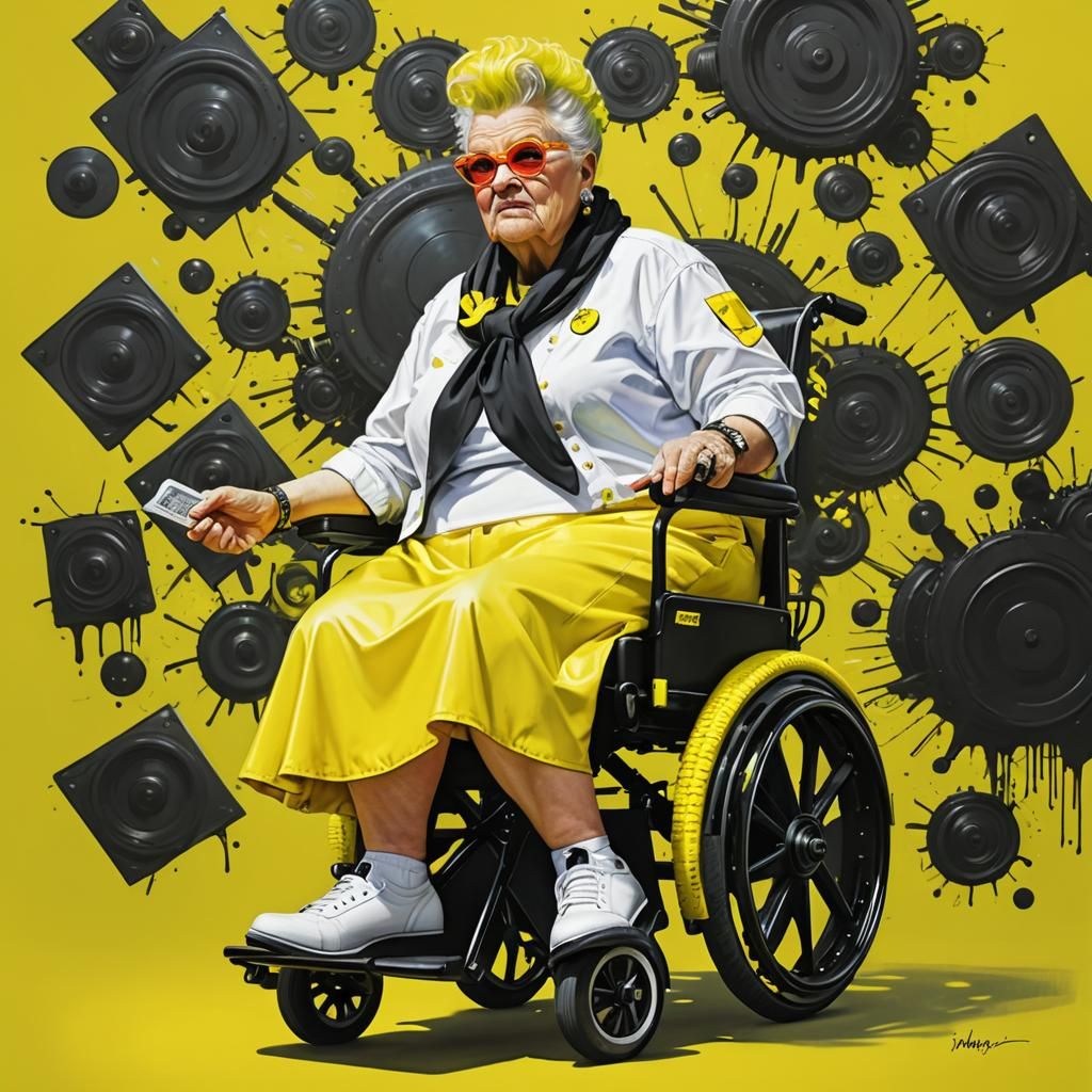 Hyperrealistic Granny with Futuristic Wheelchair in Splash A...