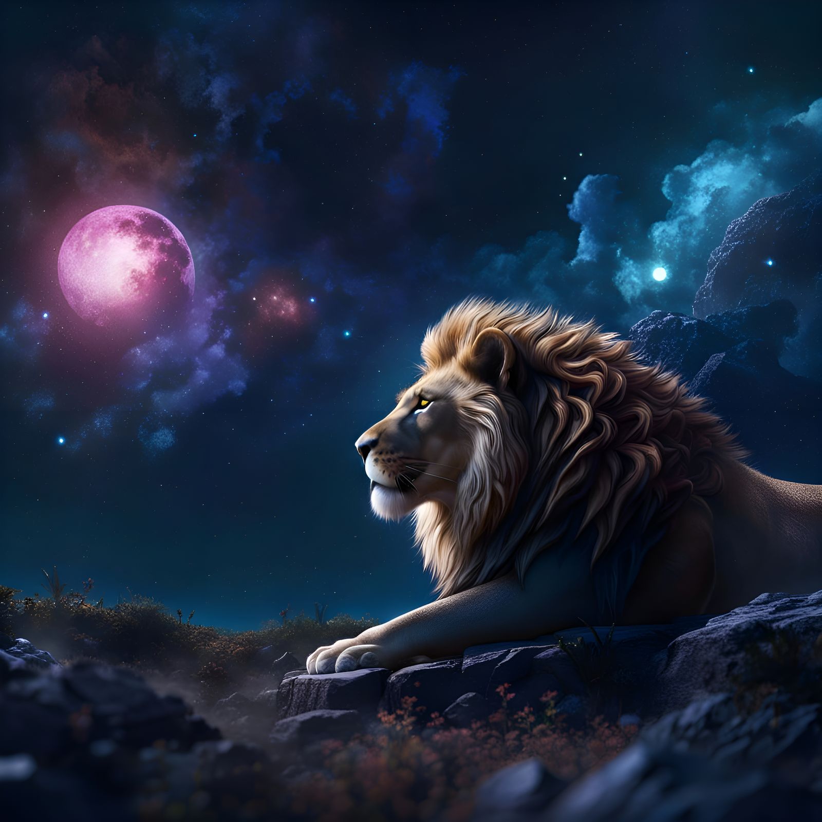 Galactic Lion in Moonlight: Fantasy Concept Art