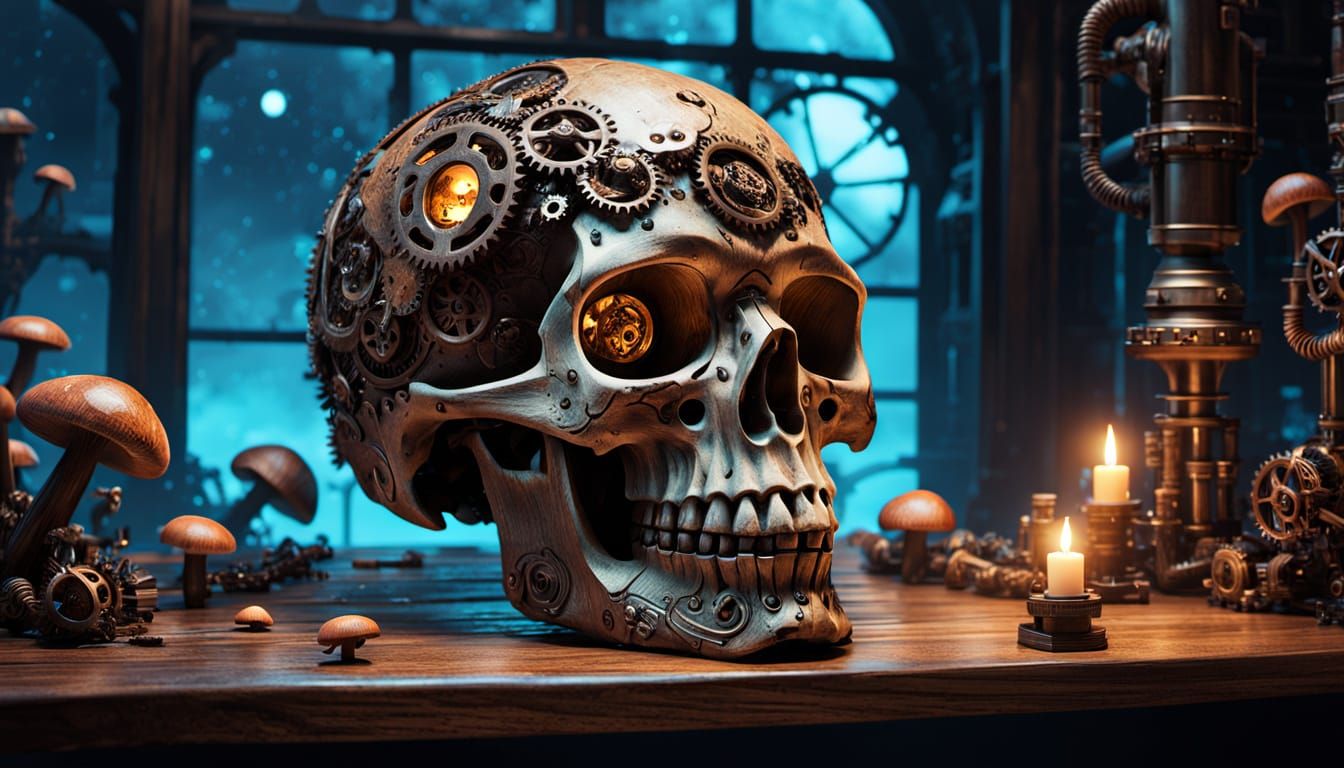 Wooden Skull on Table with Bioluminescent Mushrooms and Stea...