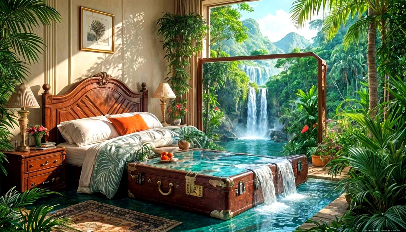 3D Tropical Forest Inside an Open Suitcase