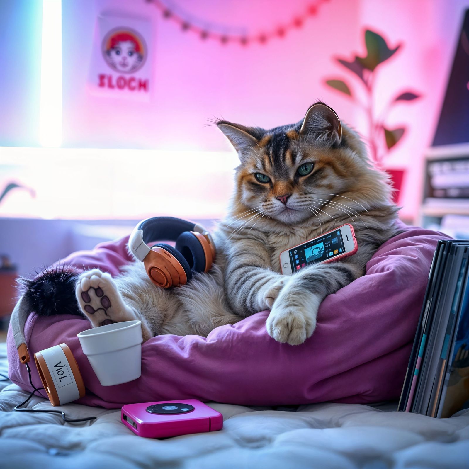 Gen Z Cat in Aesthetic Bedroom with Neon Lights