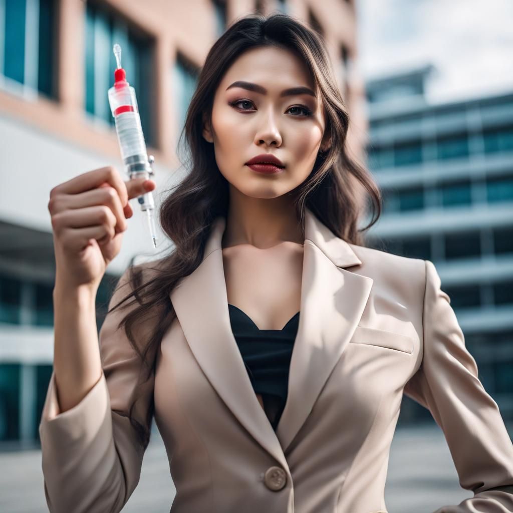 Fashionable Woman with Syringe in Hospital Setting