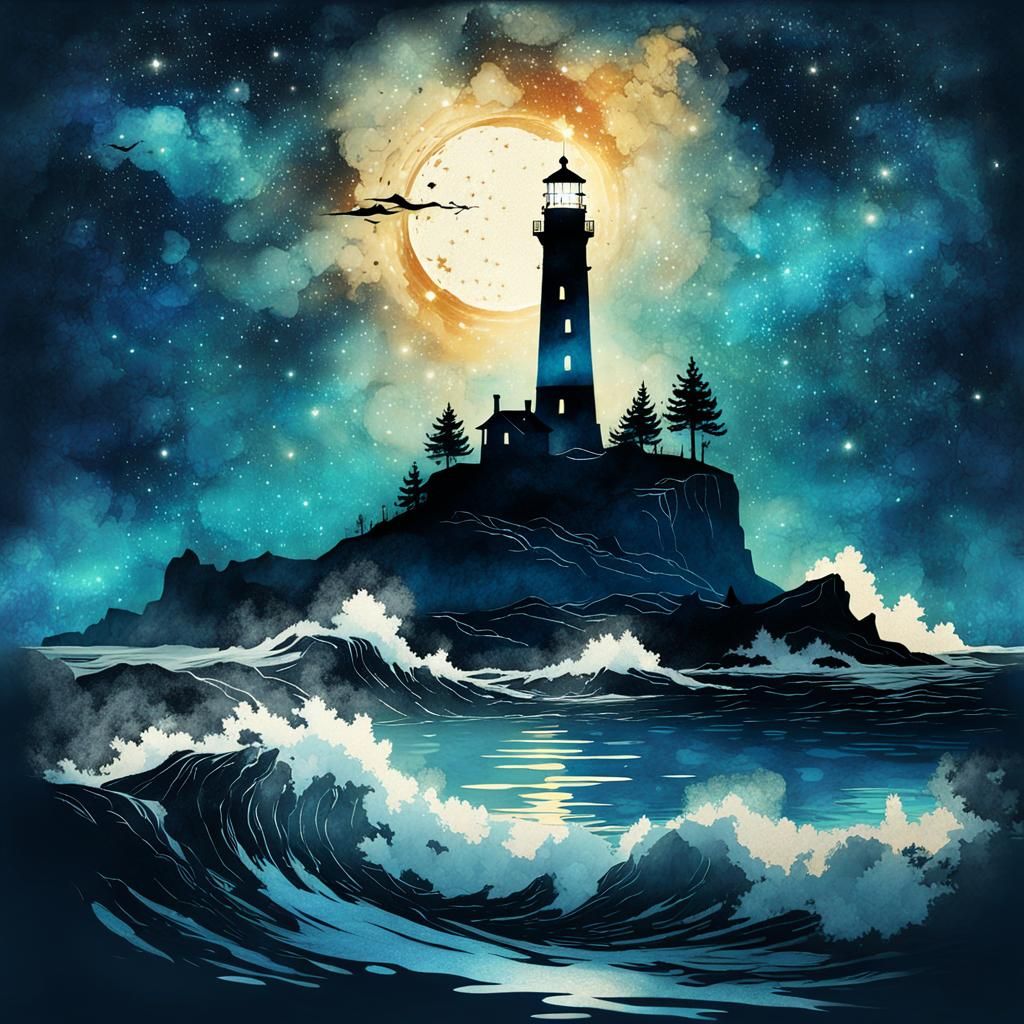 Lighthouse Silhouette at Starry Night as Ink Painting