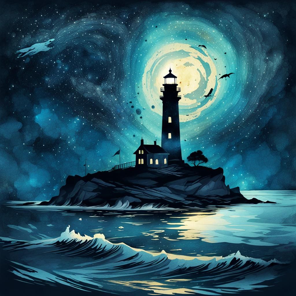 Luminous Lighthouse by Moonlight in European Ink Painting