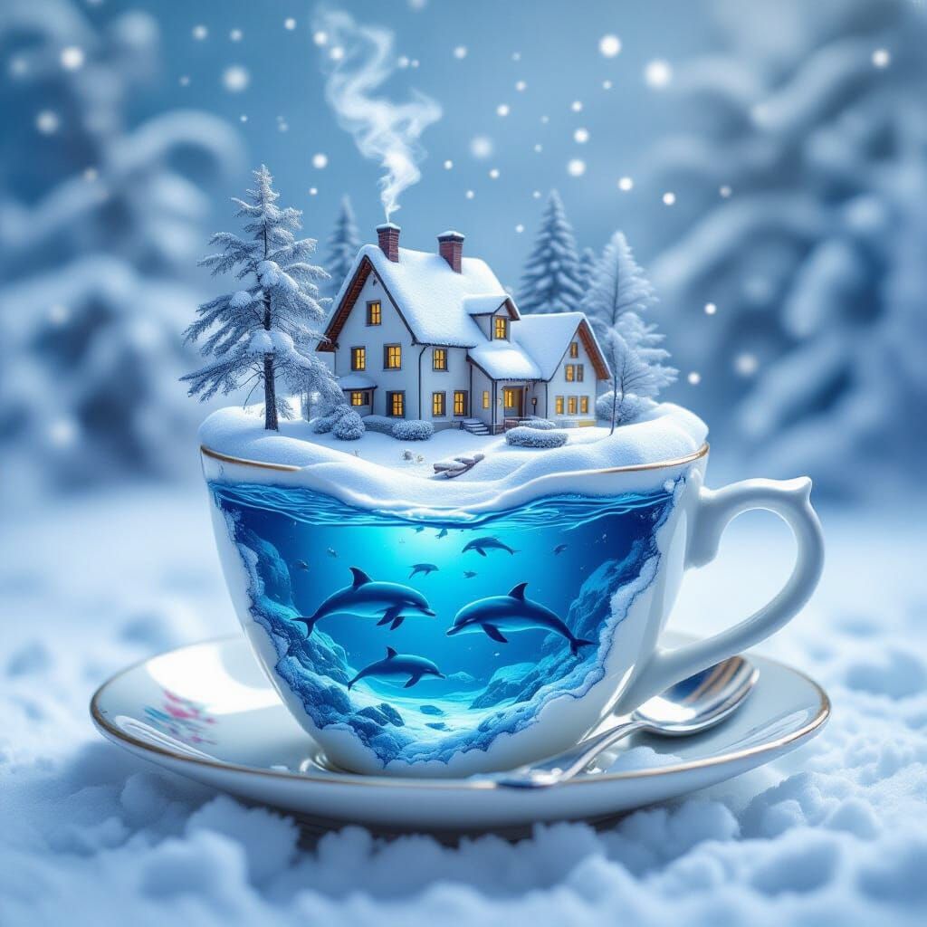 Snowy Village in Coffee Cup, Double Exposure