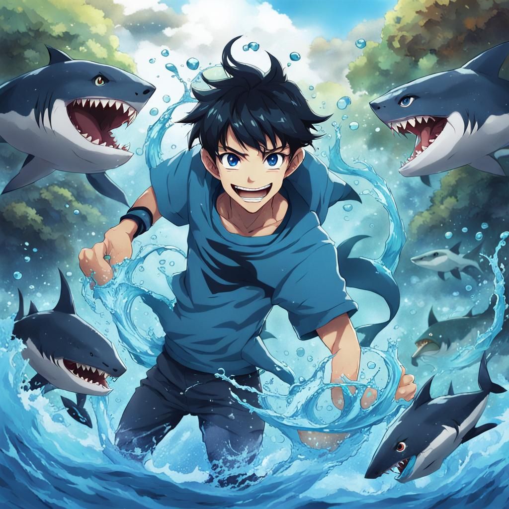 Anime Triton Student Conjuring Fish with Water