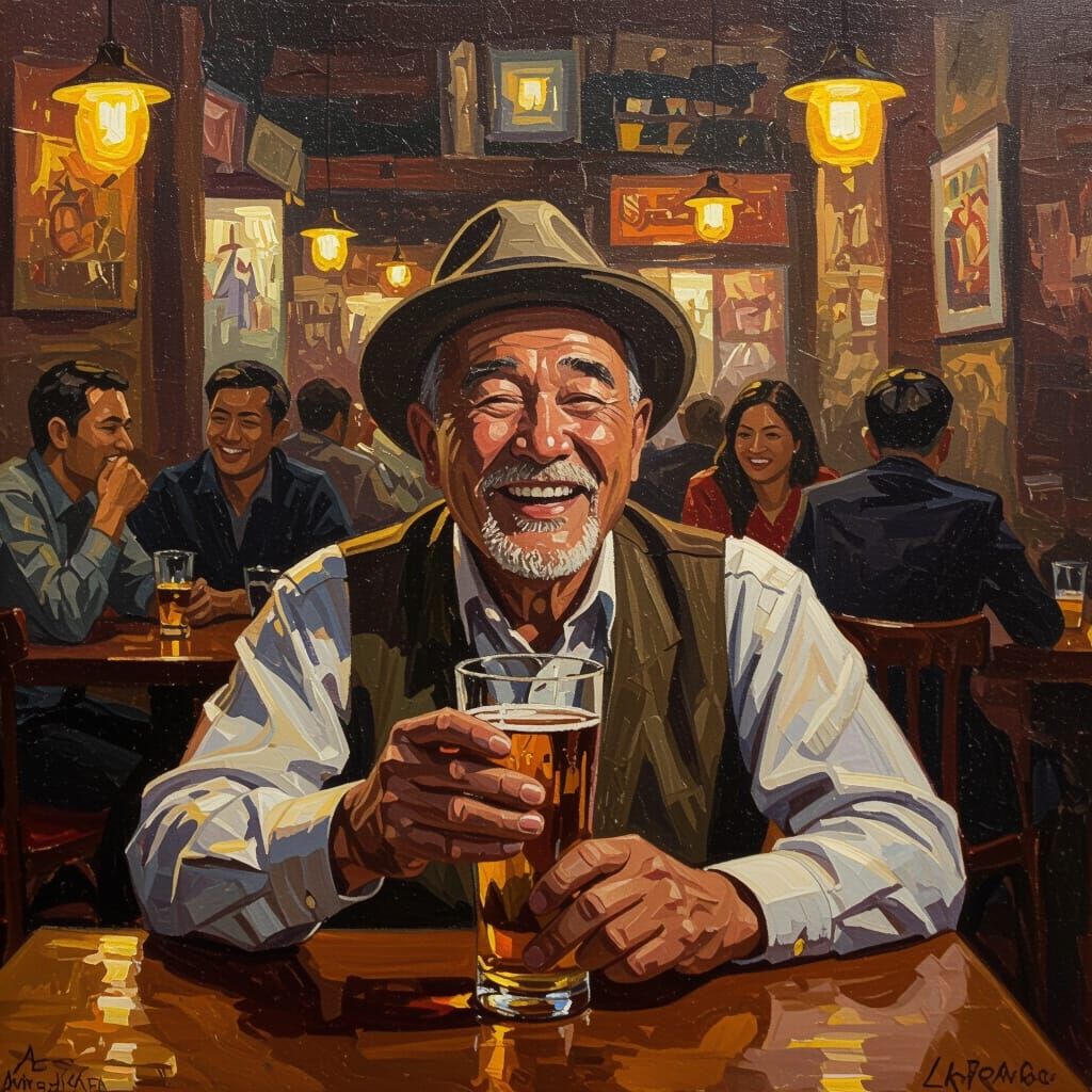 Drunk Old Man Laughing in Busy Cafe as Oil Painting
