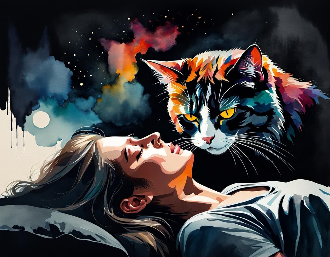 Cat Wakes Woman: Dark Watercolor Collage