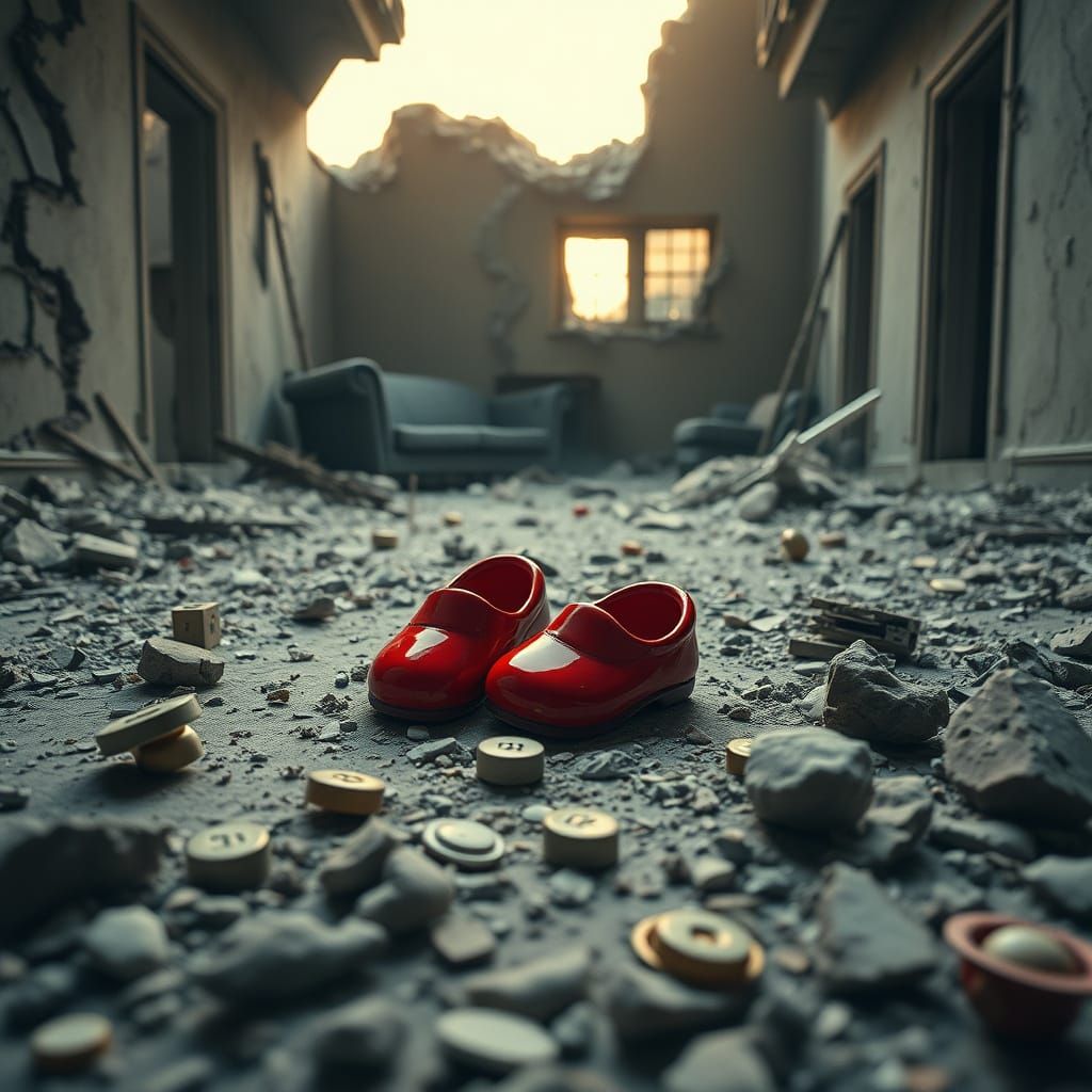 Abandoned Pacifier-Shaped Shoes in Post-Apocalyptic Ruins