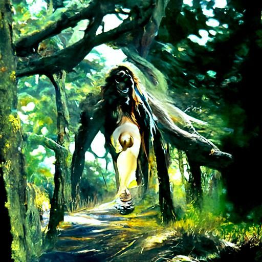 Barefoot Runner in Forest Glade, Oil Painting