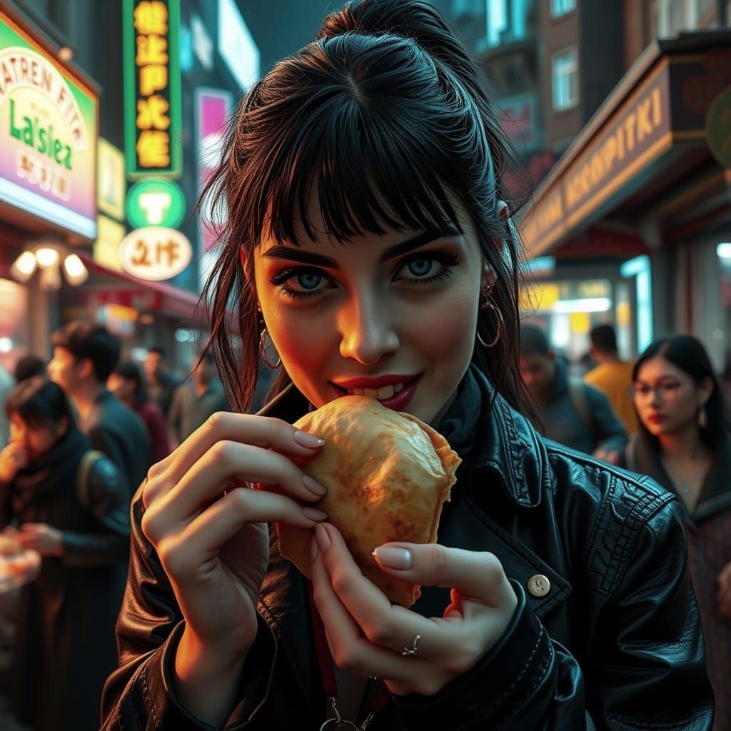 Cyberpunk Woman Enjoys Samosa in Neon Bazaar